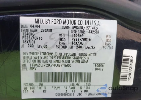 2004 Ford Explorer Xls from USA, damaged, VIN 1FMZU72K74UB74600